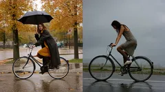 Vrouwen fietsen in de regen; links met paraplu in herfst, rechts zonder paraplu in de zomer.