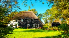 Landelijk Nederlands huis met rieten dak in groene tuin op zonnige dag