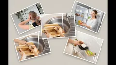 Vrouw wast groenten, bewaart voedsel in koelkast, maakt salade in de keuken.