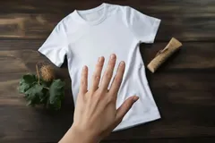 Witte t-shirt op houten tafel met hand, plant en bruine koker naast het shirt.