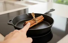 Hand wijst naar kaneelstokjes in gietijzeren pan op inductiekookplaat in keuken.