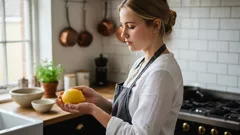 Vrouw in keuken met schort houdt een citroen vast, voorbereidingen voor koken.