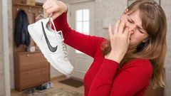 Vrouw knijpt neus dicht vanwege stinkende sportschoen in huiselijke omgeving