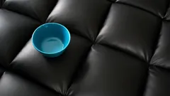 blauwe ronde plastic kom op zwarte leren bank